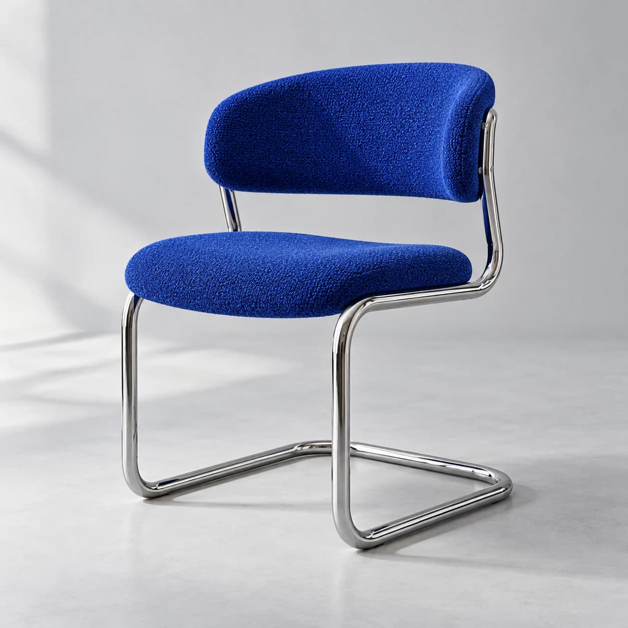 An original cobalt upholstered cantilever chair with a polished tubular chrome frame